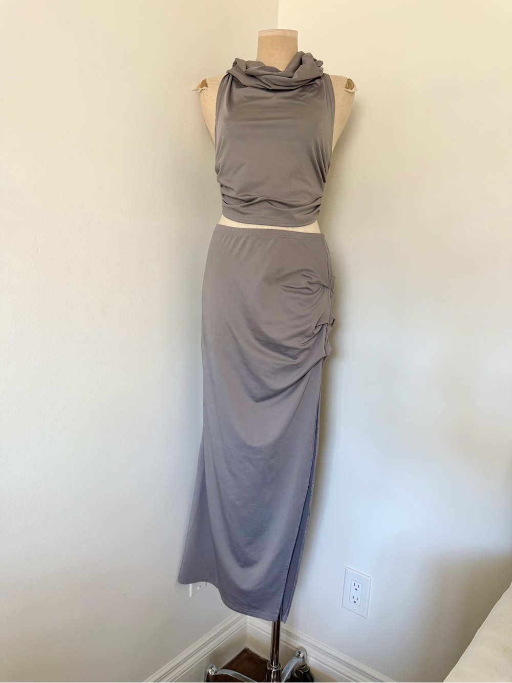 Grey rave drape hooded crop top & Maxi Skirt with gloves